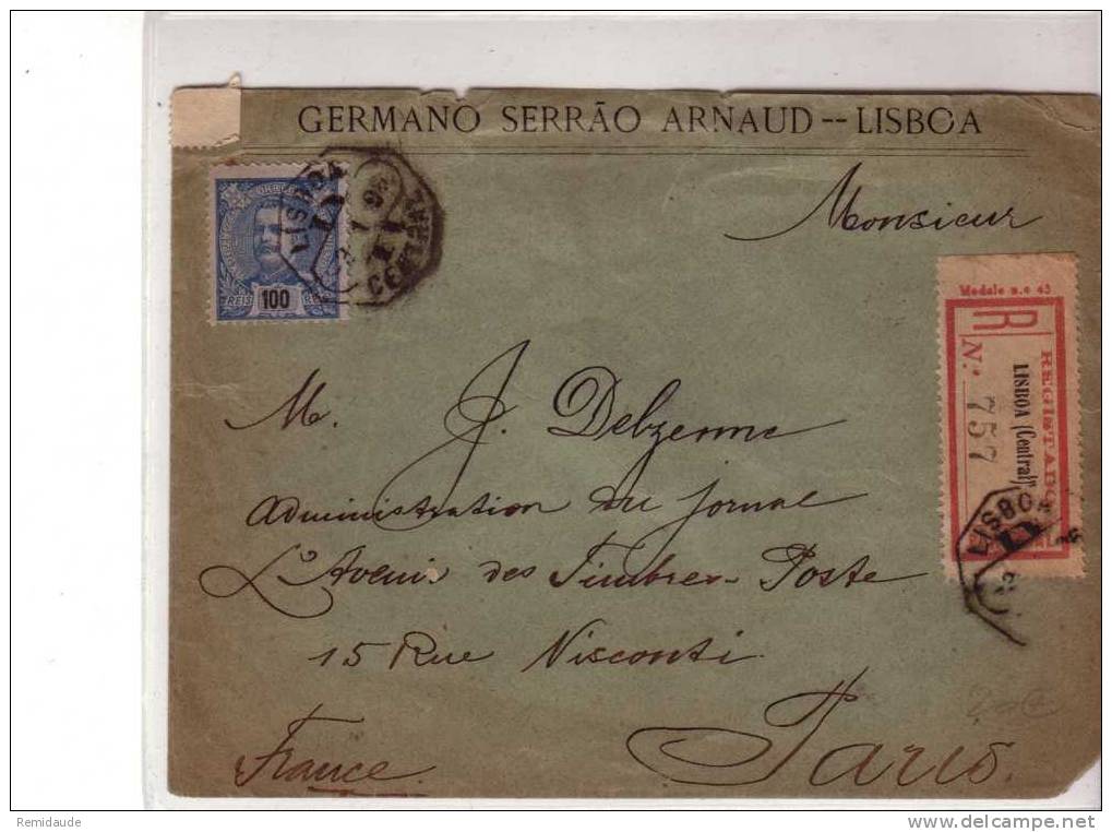 PORTUGAL - 1896 - YVERT N°138 Seul Sur LETTRE RECOMMANDEE De LISBONNE Pour PARIS - Brieven En Documenten