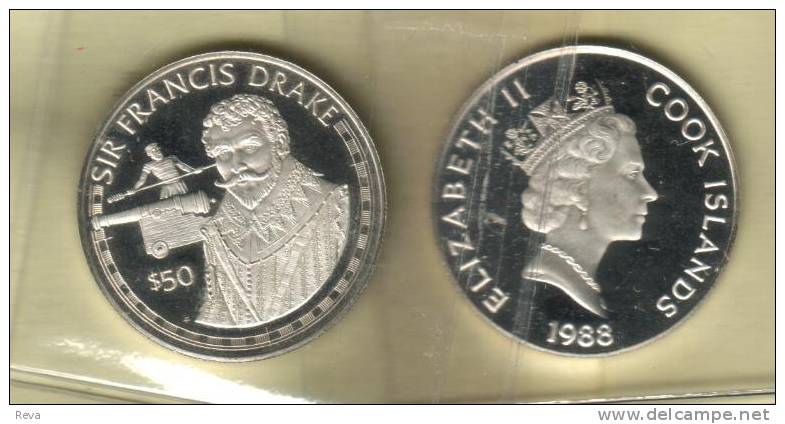 COOK ISLANDS $50 F. DRAKE  FROM EXPLORERS SERIES QEII HEAD BACK1988 AG SILVER  UNC  KM? READ DESCRIPTION CAREFULLY!! - Isole Cook