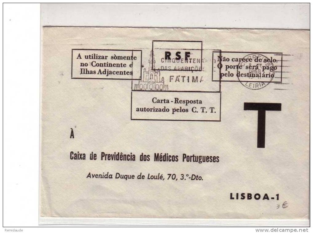 PORTUGAL - 1968 - LETTRE REPONSE AUTORISEE à PAYER Par Le DESTINATAIRE De FATIMA  Pour LISBONNE - Cartas & Documentos