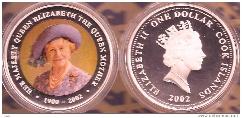 COOK  ISLANDS  $1 QUEEN MOTHER  FRONT COLOURED QEII  BACK 2002 AG SILVER  PROOF READ DESCRIPTION CAREFULLY !!! - Cookinseln