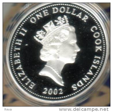 COOK  ISLANDS  $1 QUEEN MOTHER  FRONT COLOURED QEII  BACK 2002 AG SILVER  PROOF READ DESCRIPTION CAREFULLY !!! - Islas Cook