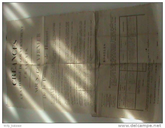Belgique Vieux Papiers 1815 Placard De Mons, "CREANCES A LA CHARGE Du GOUVERNEMENT FRANCAIS " Daté De Thuin - Non Classés