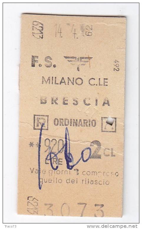 MILANO C.LE  /   BRESCIA  -  2^ Classe  - 920 Lire - 1962 - Europa