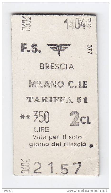 BRESCIA   /   MILANO C.LE  -  2^ Classe  - Lire 350  - 1962 - Europe