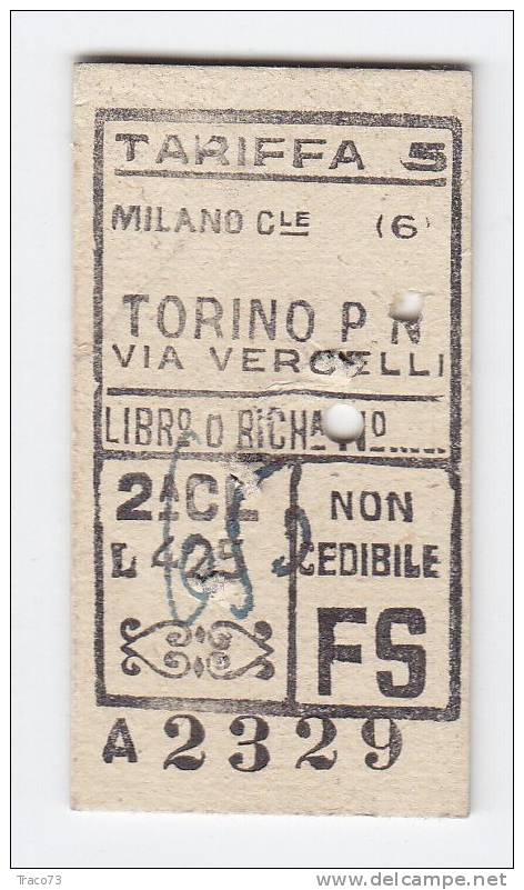 MILANO C.LE   /  TORINO P.N.    -  2^ Classe  - Lire  425  - 1950 - Europa