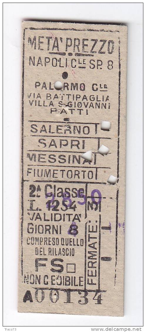 NAPOLI C.LE  / PALERMO     -  2^  Classe  (tre Fermate)- Lire 1254 Sovrastampato    - 1950 - Europa