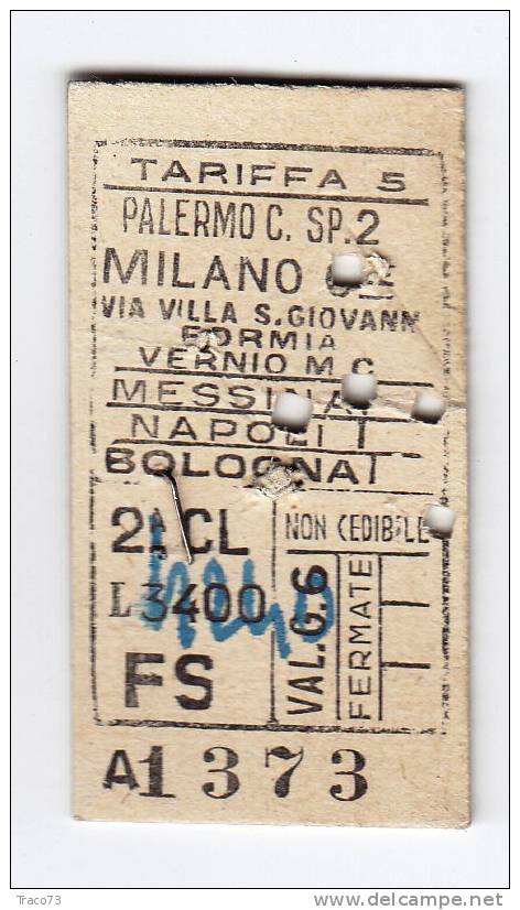 PALERMO C.LE  / MILANO C.LE     -  2^  Classe  ( Sei Fermate ) - Lire 3400 - Europa