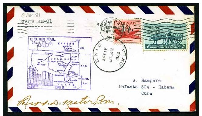 USA 1949 First Flight CAM 81-W26 Enid - Amarillo B/s (Purple Cachet) Airmail Cover Central Airlines - 2c. 1941-1960 Lettres