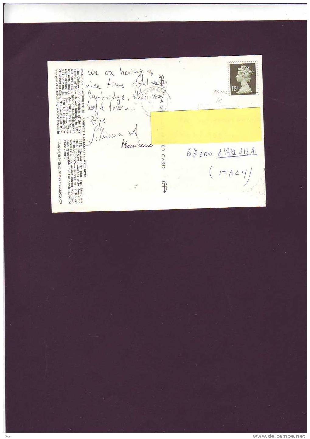 GRAN BRETAGNA  1987 - Card (Cambridge) - Lettres & Documents