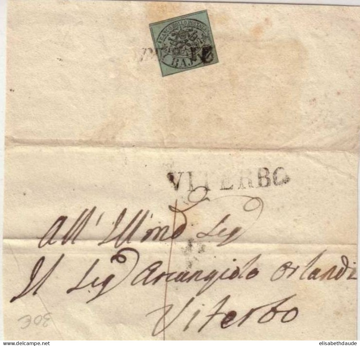 ETATS De L'EGLISE - 1852/64 - YVERT N°2a Seul Sur DEVANT De LETTRE (FRAGMENT) De VITERBO - Papal States