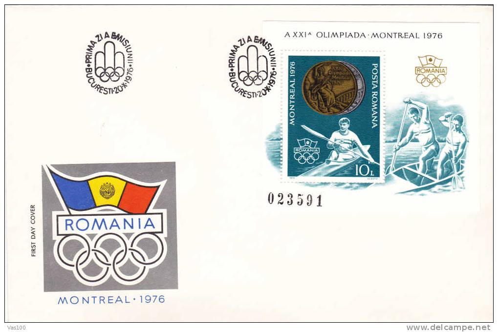 Rowing Canoe,Olympic Games Montreal, 1976 Cover FDC,premier Jour Romania. - Canoë