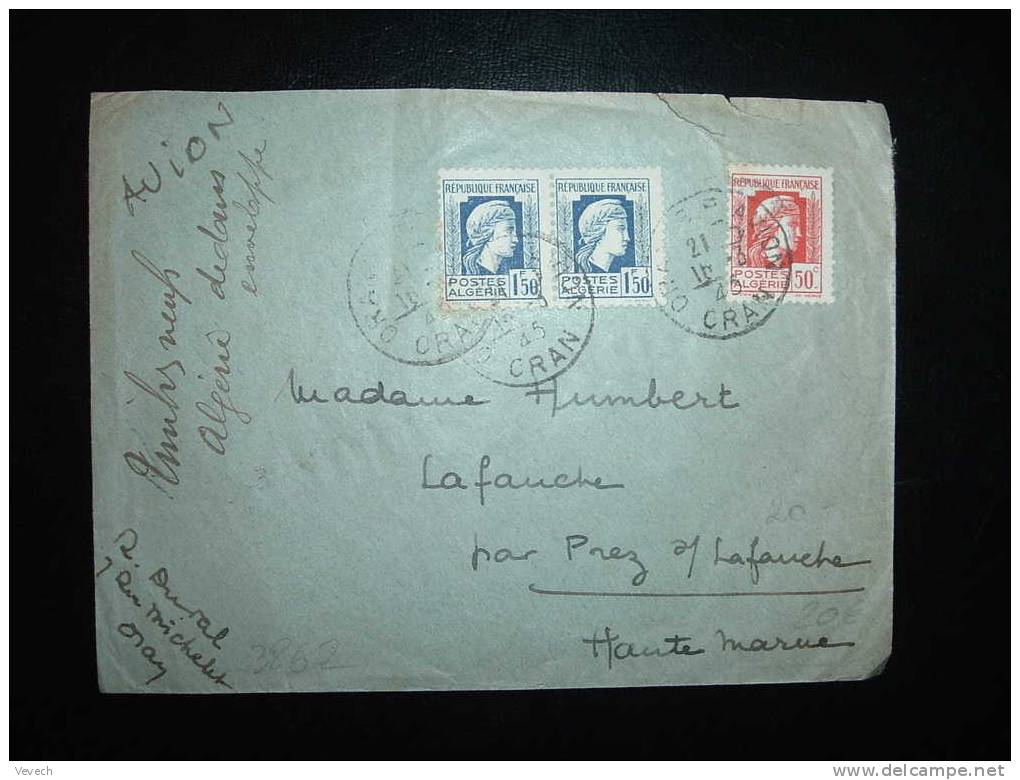 LETTRE TYPE MARIANNE D'ALGER 1,50 F PAIRE + 50 C POSTES ALGERIE OBL. 16-03-1945 ORAN RP AVION - 1944 Hahn Und Marianne D'Alger