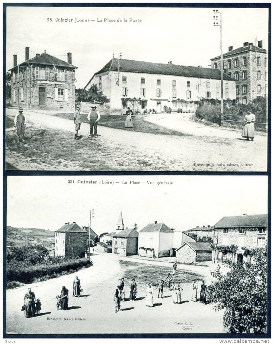 LOT De 2 CPA.  Cuinzier. Place De La Poste.// Vue Générale.  /  Ed.Brossette Tabacs . - Autres & Non Classés