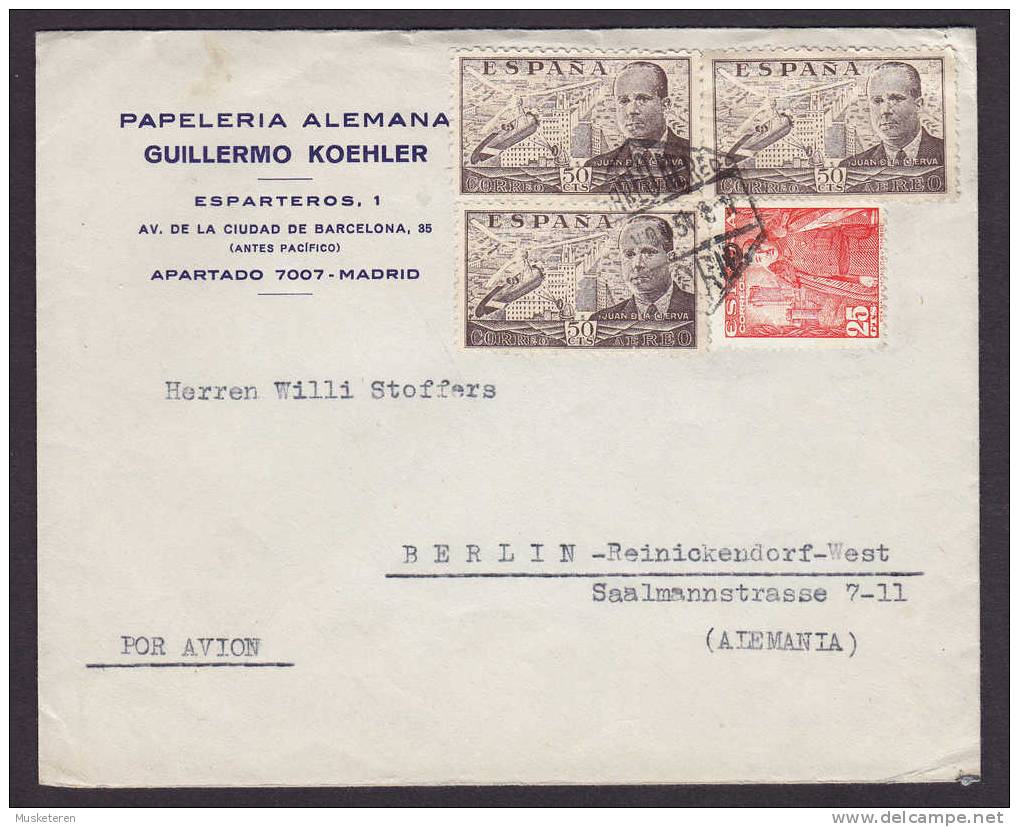 Spain Airmail Por Avion PAPELERIA ALEMANA Guillermo Koehler, Madrid 1951? Cover To Berlin Alemania Germany - Cartas & Documentos