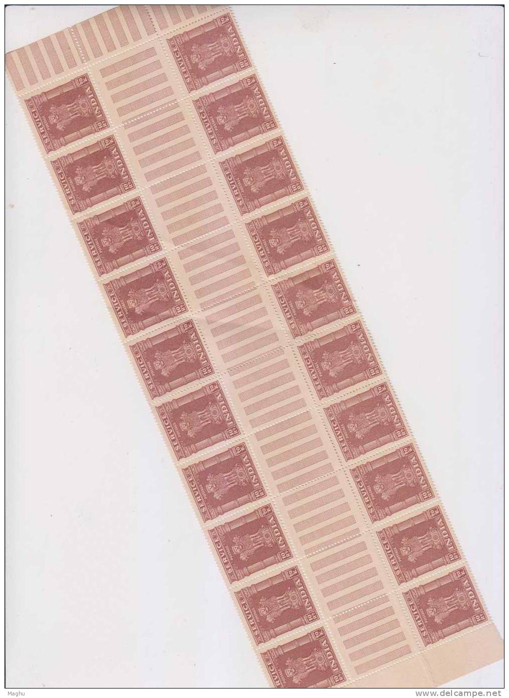 Gutter Block Of 20, Veriety / EFO,  Error With SIDEWAYS Asokan Watermark, India 1958 -1971 Service / Official, As Scan - Francobolli Di Servizio