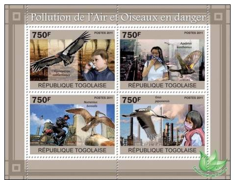 Tg11101a Togo 2011 Air Pollution Endangered Birds S/s Eagle Crane Cycling - Environment & Climate Protection
