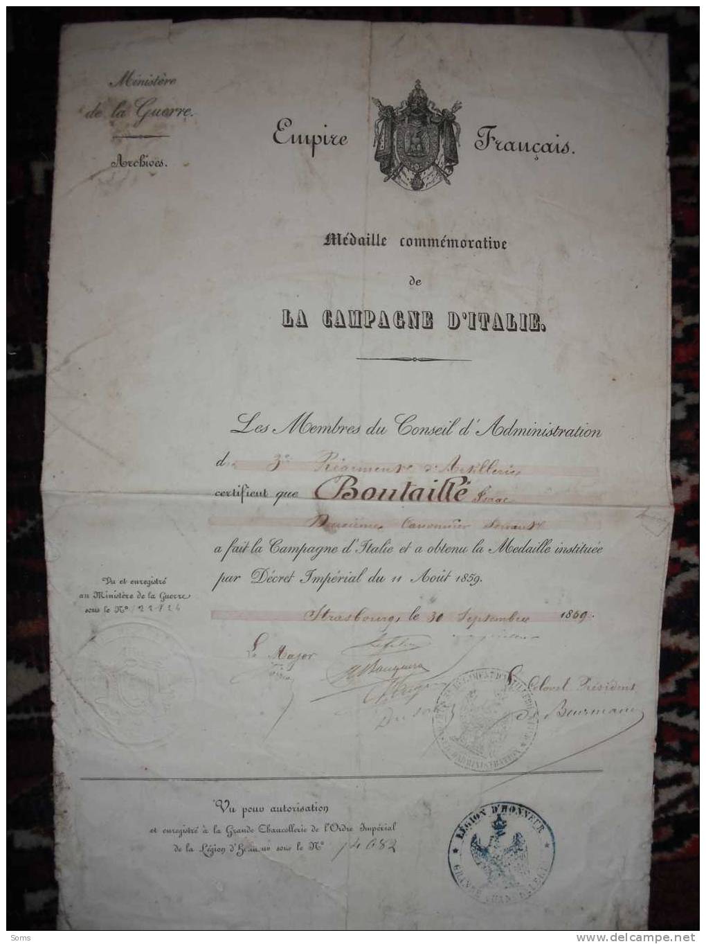 Octroi De La Médaille Commémorative De La Campagne D'Italie Au Canonnier Boutaillé Du 3e R.A, Artillerie, Cachet, 1859 - Documentos Históricos