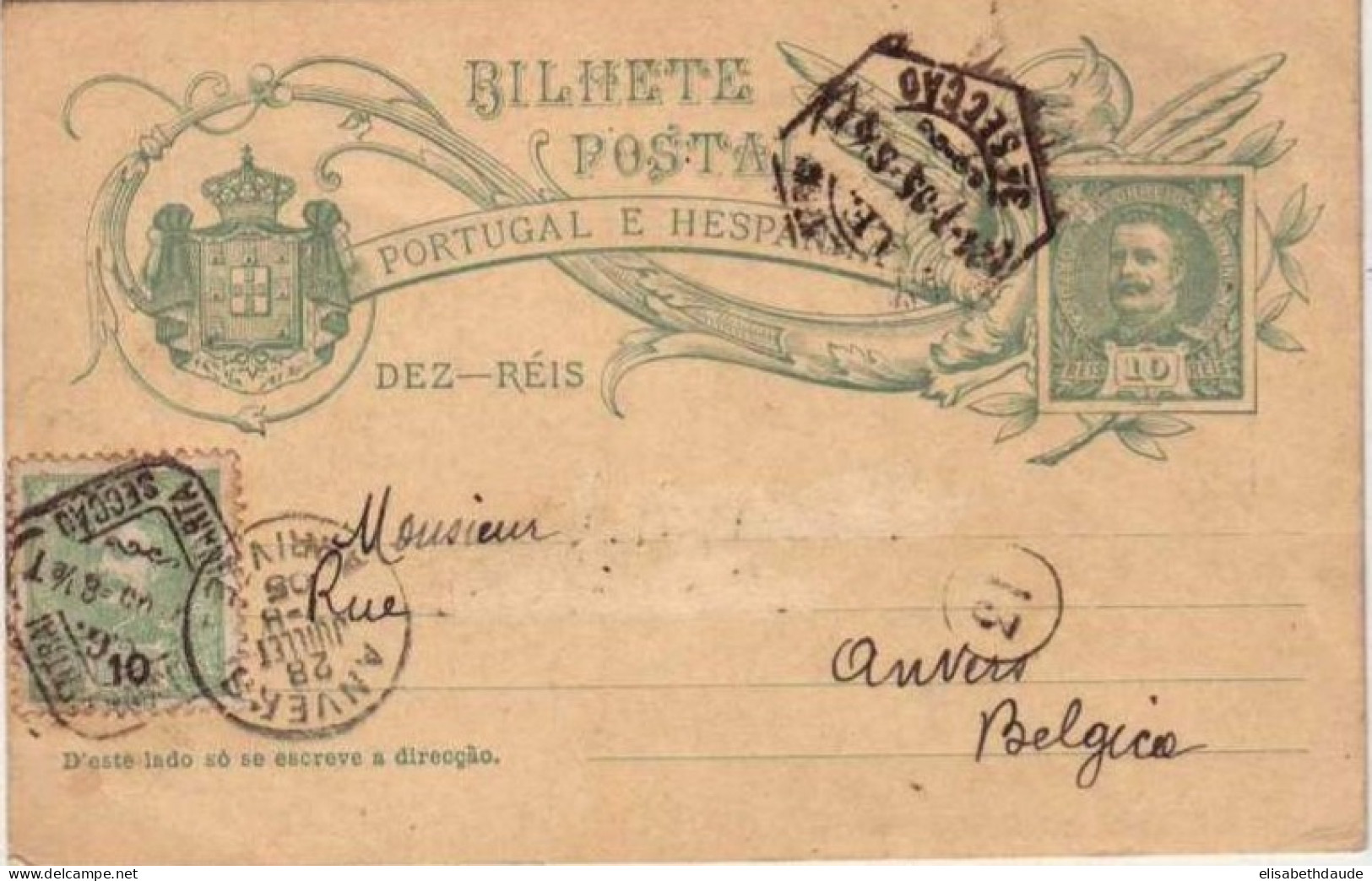 PORTUGAL - 1905 - CARTE POSTALE ENTIER De LISBONNE Pour ANVERS (BELGIQUE) - Nom Gratté - Ganzsachen