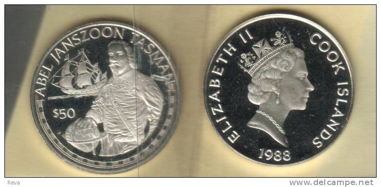 COOK ISLANDS $50 ABEL TASMAN SHIP FROM EXPLORERS SERIES QEII HEAD BACK1988 SILVER UNC KM? READ DESCRIPTION CAREFULLY!! - Isole Cook