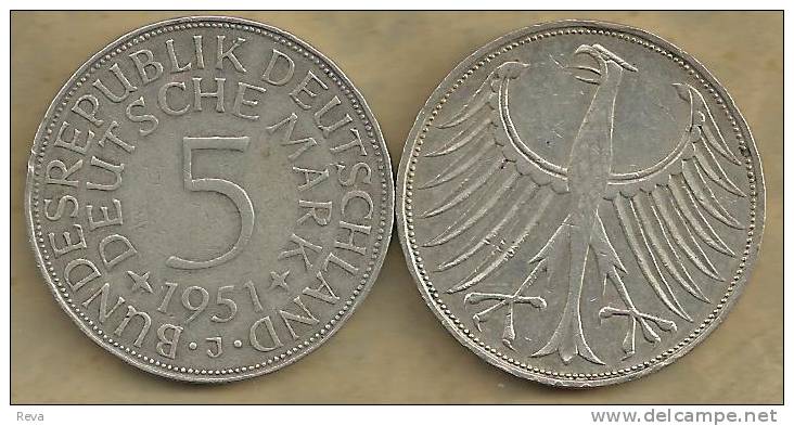 GERMANY WEST 5 MARK INSCRIPTIONS  FRONT EAGLE EMBLEM BACK 1951 J  AG SILVER  VF READ DESCRIPTION CAREFULLY !!! - 5 Mark