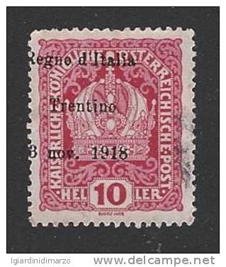 TRENTINO -Terre Redente- 1918: Valore Usato Da 10 H. (francobollo D'Austria) Con Soprastampa Spostata - In Buone Condiz. - Trento