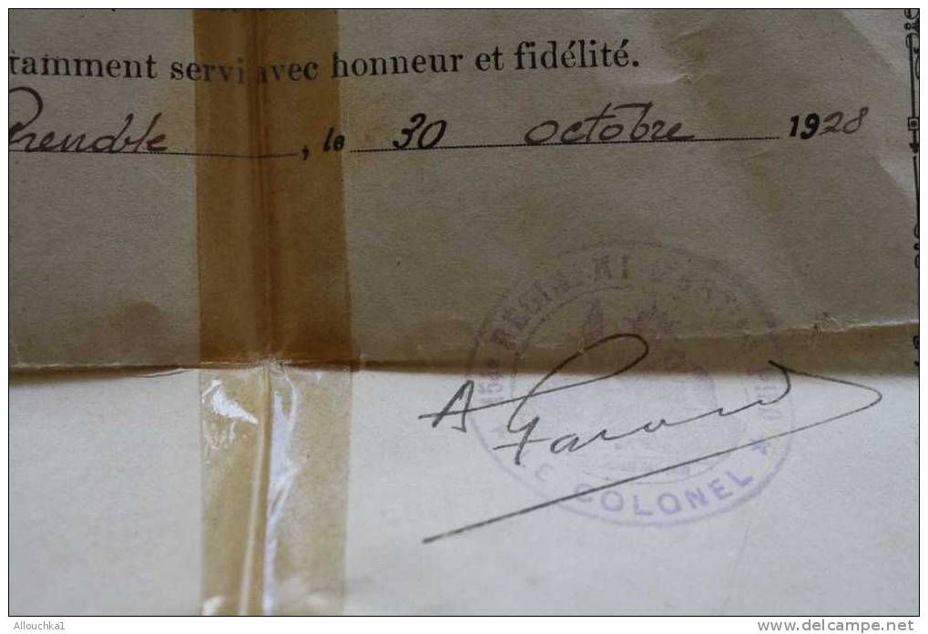 MILITARIA CERTIFICAT BONNE CONDUITE >CNEL. G.D 154é CIE INFANTERIE A PIED GRENOBLE 30-11-1928 >.C.. Né 1905 >TOULON - Documenti