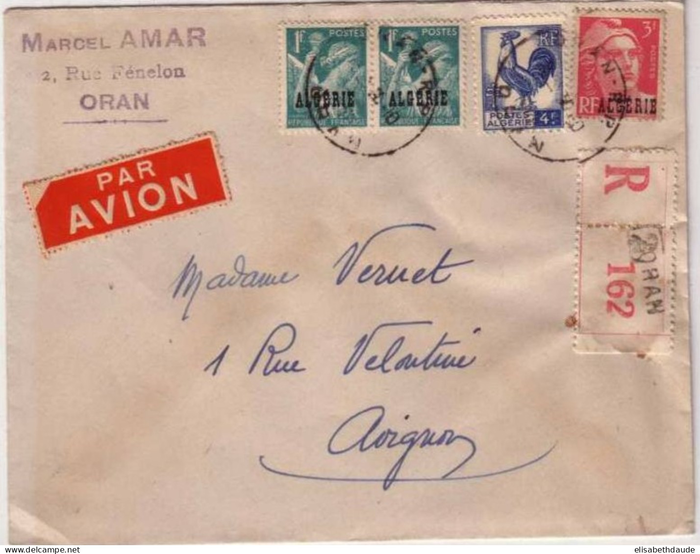 ALGERIE - 1946 - ORAN - LETTRE RECOMMANDEE PAR AVION Pour AVIGNON Avec TYPES IRIS GANDON Surchargés Et COQ D'ALGER - Brieven En Documenten