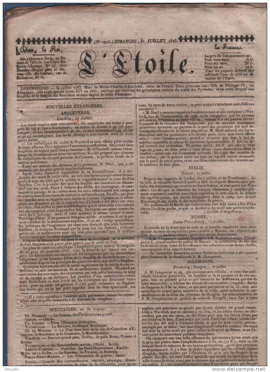 L´ETOILE 31 07 1825 - IRLANDE - CHALONS MARNE - MONT VALERIEN - START SPA INCENDIE - TOULOUSE INONDATIONS - COMMUNAUTES - 1800 - 1849