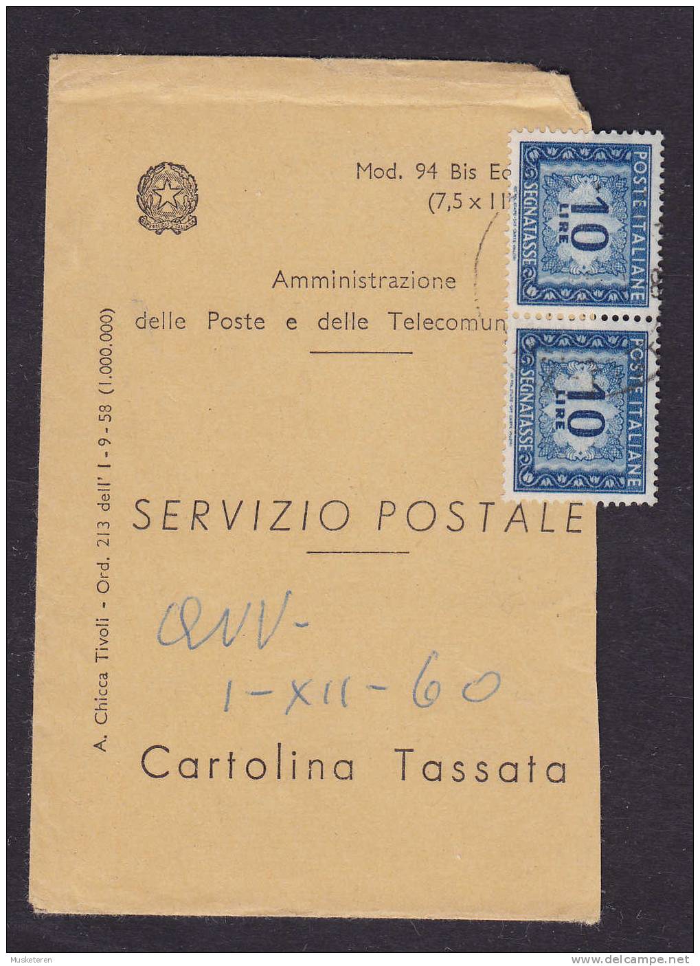 Italy Servizio Postale Cartolina Tassata 1960 Portomarken Postage Due Amministrazione Delle Poste E Telecomunicatione - Segnatasse