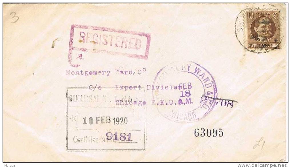 Carta Certificada Habana (Cuba) A Chicago 1920 - Storia Postale