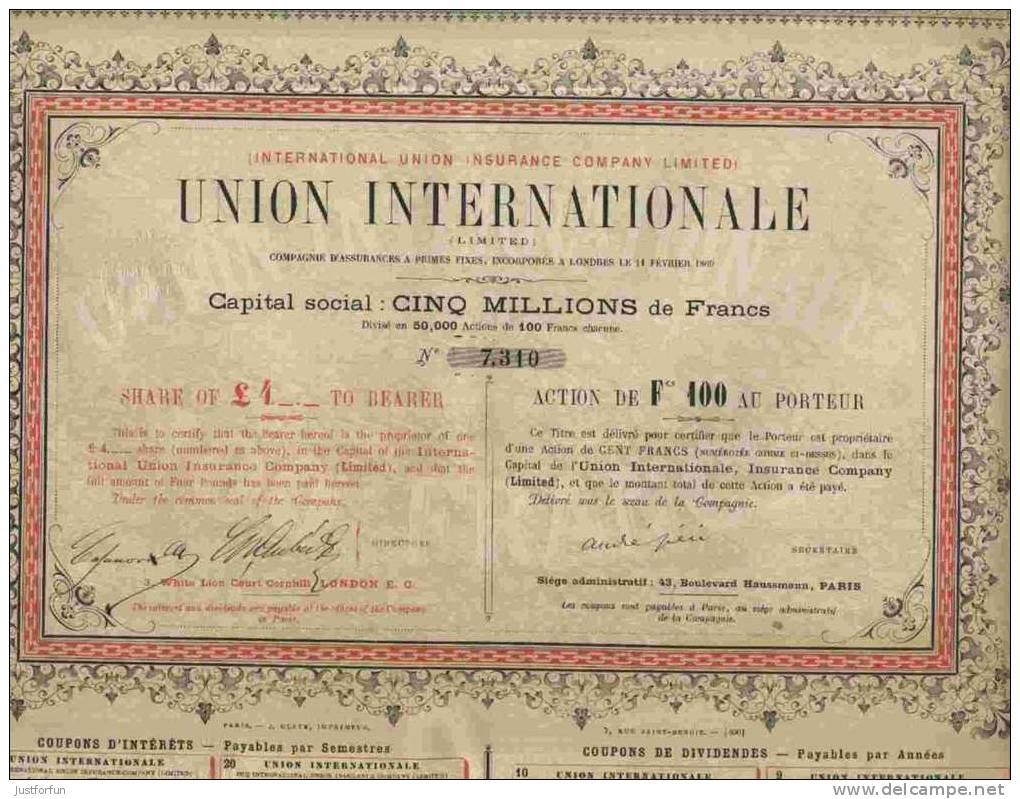 RARE : UNION INTERNATIONALE LTD ( INTERNATIONAL UNION INSURANCE CY)  ( 1869 ) - Bank & Versicherung