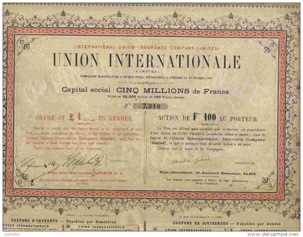 RARE : UNION INTERNATIONALE LTD ( INTERNATIONAL UNION INSURANCE CY)  ( 1869 ) - Bank & Insurance