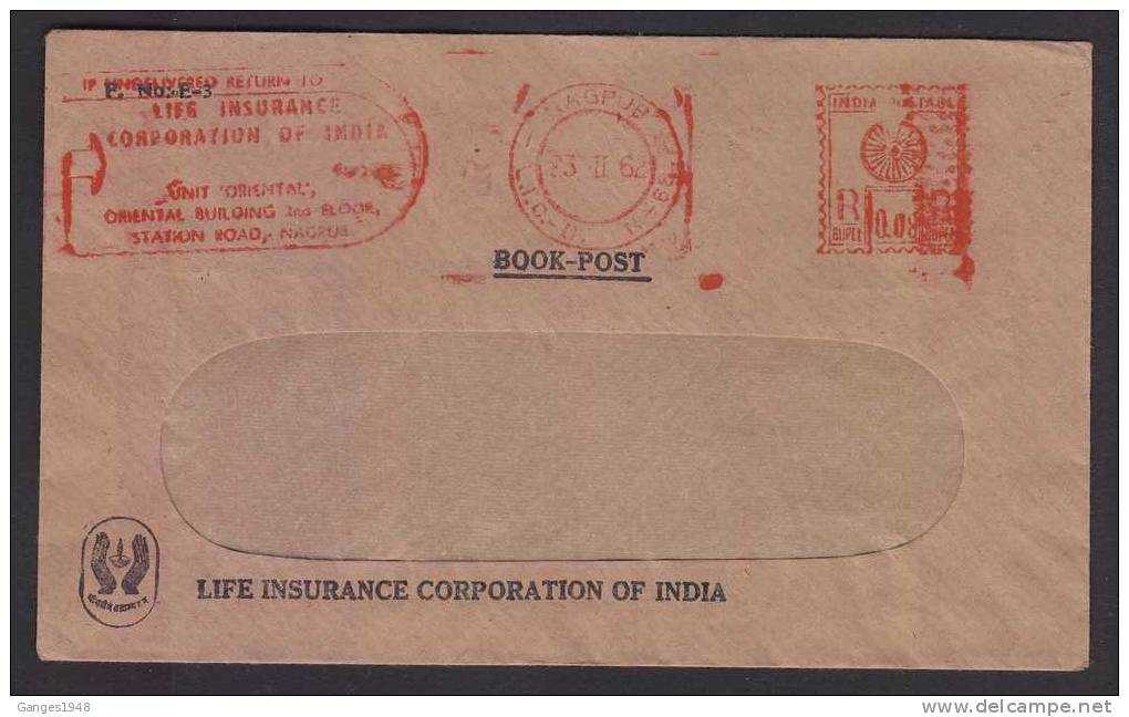 8 NP  Rate  1962 BOOK POST Meter Frank Insurance Cover # 21215 India Indien  Inde - Lettres & Documents