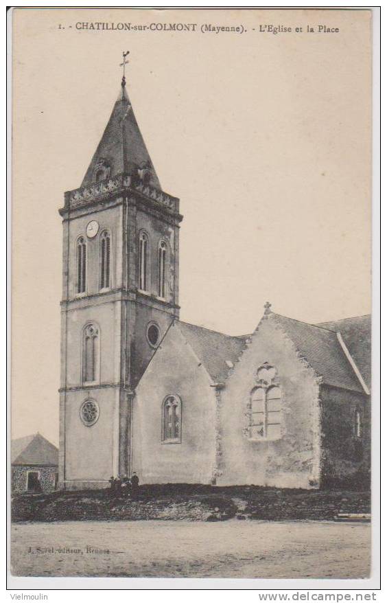 CHATILLON SUR COLMONT 53 L´EGLISE ET LA PLACE BELLE CARTE RARE !!! - Autres & Non Classés