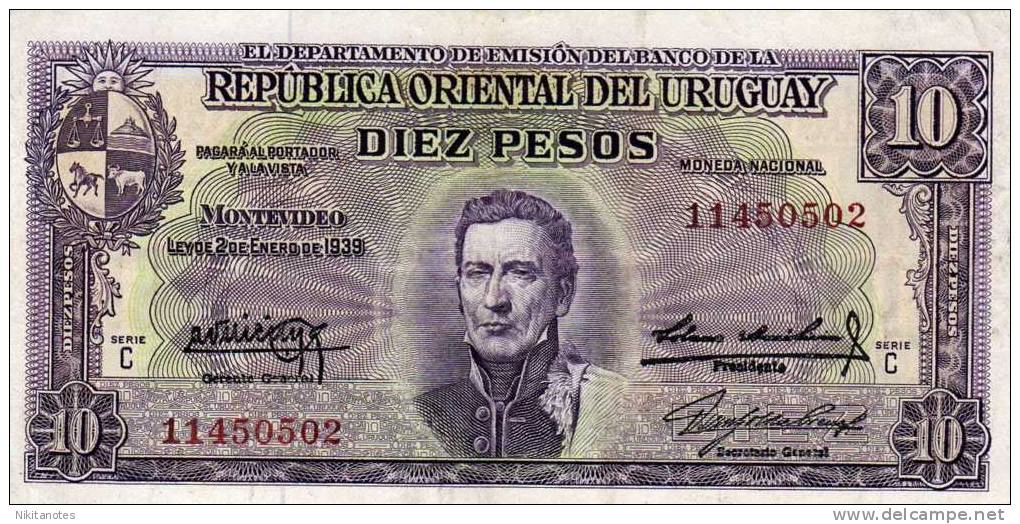 URUGUAY NOTE 10 PESOS LAW 1939 P 37  VF - Uruguay