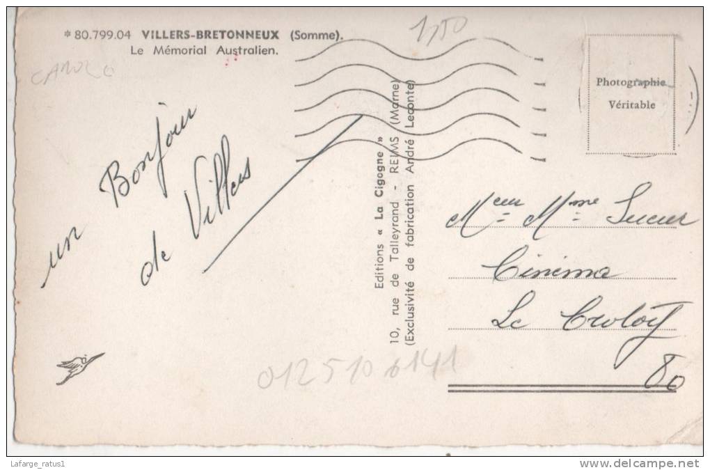 VILLERS BRETONNEUX LE MEMORIAL AUSTRALIENTRES LEGER PLI EN BAS COIN GAUCHE - Villers Bretonneux