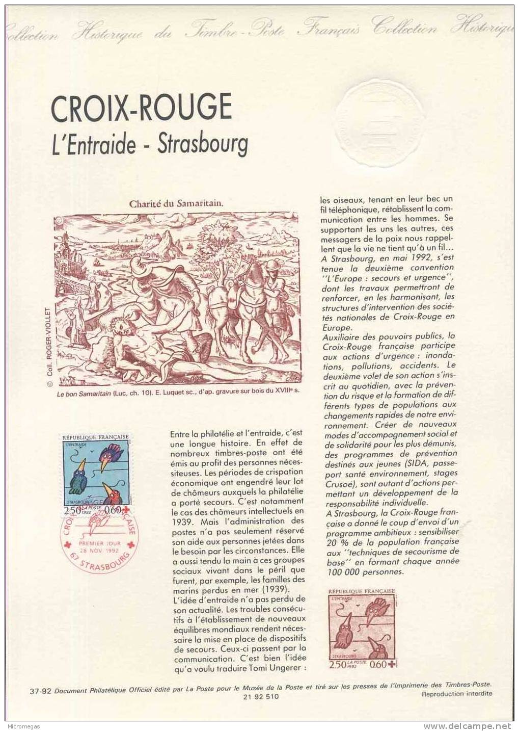 Document Philatélique Officiel De La Poste - Croix-Rouge - L'Entraide - Strasbourg 28-11-1992 - Documenti Della Posta