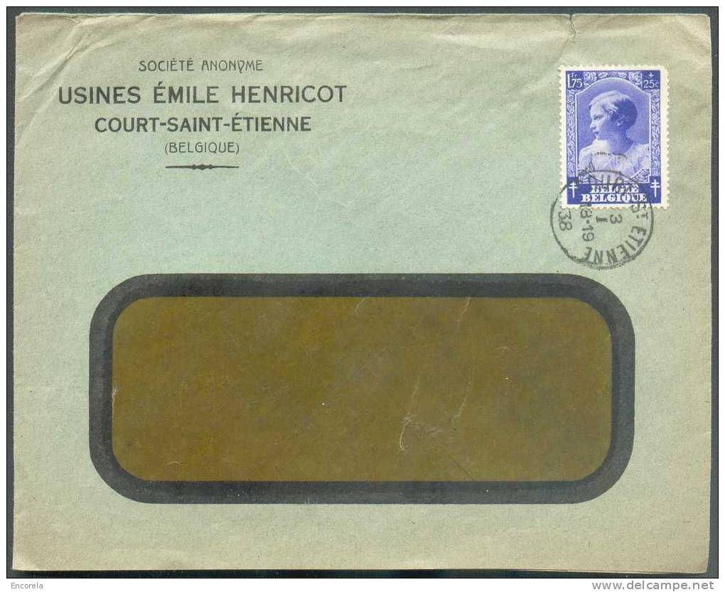1Fr75 Joséphine-Charlotte Obl. Sc COURT-Saint-ETIENNE S/L. à En-tête (Usines Emile Henricot) Du 3-I-1938.  TB Frappe - 6 - Covers & Documents