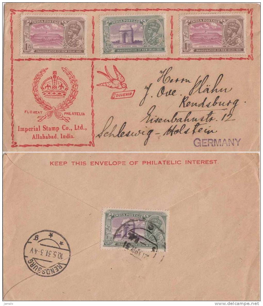 Br India King George V, Inauguration Of Delhi, Comm Cover, Crown, Memorial Ark, Parliament House, India To Germany - 1911-35 King George V