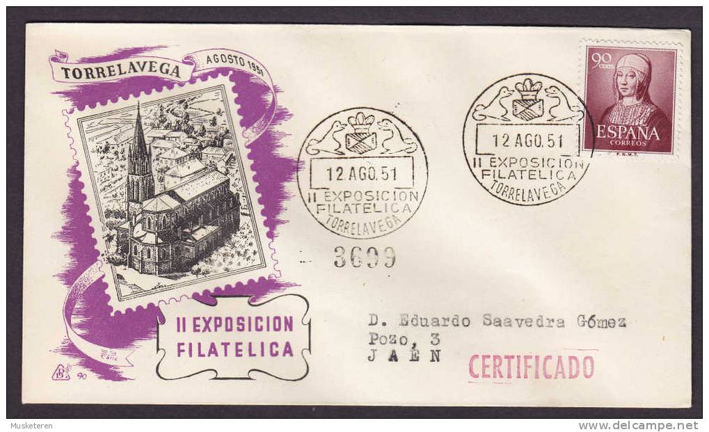 Spain Certificado Registered Einschreiben Recommandée Il Exposicion Filatelica TORRELAVEGA 1951 Cover - Briefe U. Dokumente