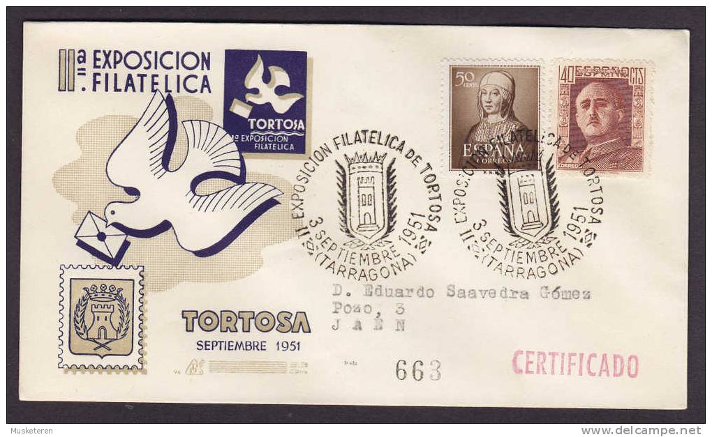 Spain Certificado Registered Einschreiben Recommandée Il Exposicion Filatelica TORTOSA 1951 Cover - Briefe U. Dokumente