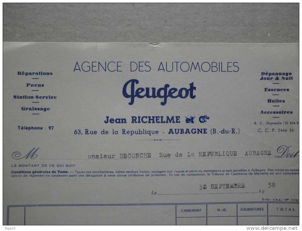 AUBAGNE 1958, JEAN RICHELME, AGENCE DES AUTOMOBILES PEUGEOT (14531) - 1950 - ...