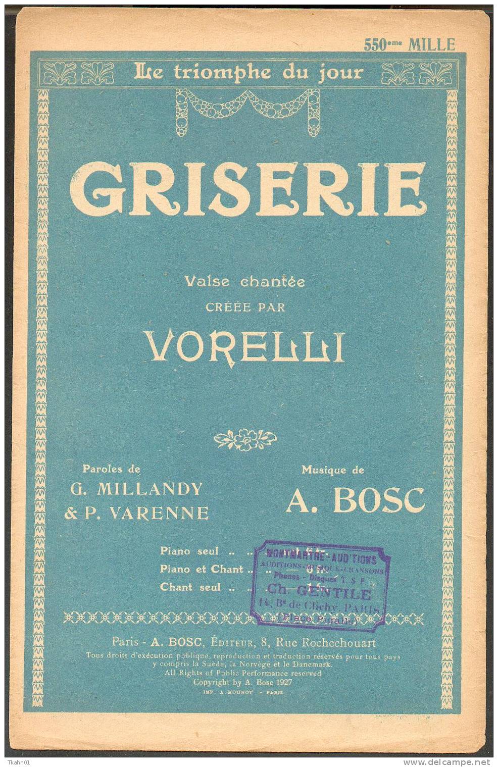 GRISERIE " LE TRIOMPHE DU JOUR " VALSE CHANTEE ET CREEE PAR VORELLI   1927  ?? - Chansonniers