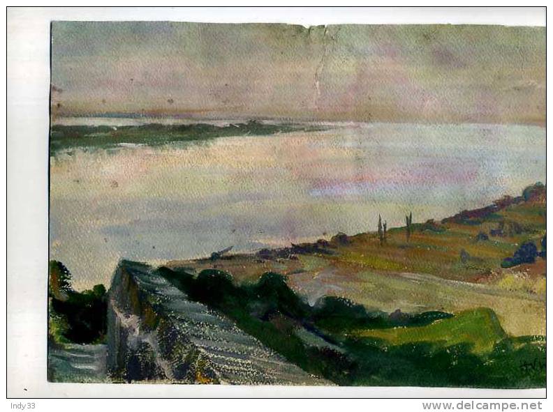 - BASTIDE DE MONTPAZIER . AU DOS ESTUAIRE DE LA GIRONDE . GOUACHE RECTO-VERSO SIGNEE H. VINCENT ET DATEE 1955 - Waterverf