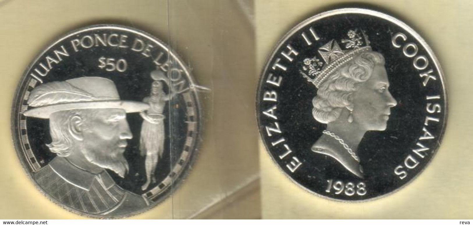 COOK ISLANDS $50 JUAN DE LEON  FROM EXPLORERS SERIES QEII HEAD BACK1988 SILVER  UNC  KM? READ DESCRIPTION CAREFULLY!! - Islas Cook