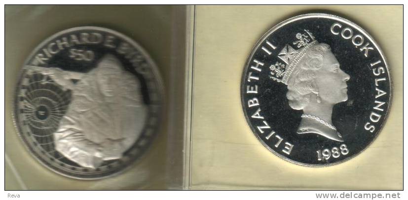 COOK ISLANDS $50 R. BYRD  FROM EXPLORERS SERIES QEII HEAD BACK1988 SILVER  UNC  KM? READ DESCRIPTION CAREFULLY!! - Cook Islands