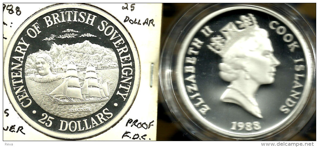 COOK ISLANDS $25 SHIP 100 YEARS OF BRITISH FRONT QEII HEAD BACK1988 SILVER 1.1Oz PROOF KM42 READ DESCRIPTION CAREFULLY!! - Islas Cook