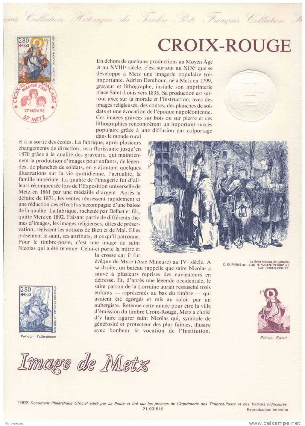 Document Philatélique Officiel De La Poste - Croix-Rouge - Image De Metz - Metz 27-11-1993 - Documenti Della Posta