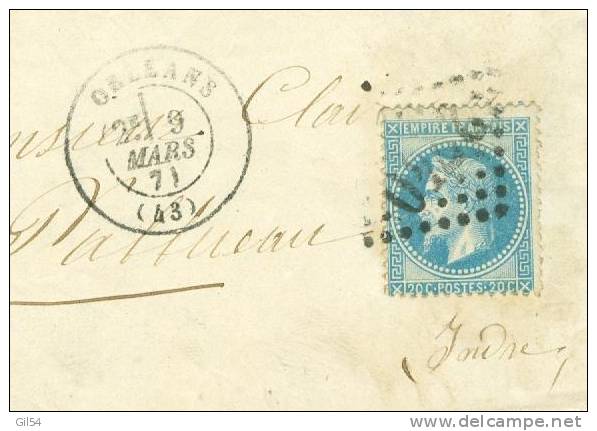 Yvert N°29 Sur Lettre De TOrléans , GC 2740  ( Mal Venu ) - AA11203 - 1849-1876: Classic Period