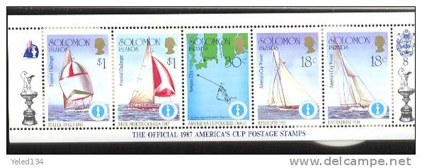 SOLOMON ISLANDS   570-74-A 8 MINT NEVER HINGED MINI SHEET OF AMERICA'S CUP ; SEILING SHIPS - Ships